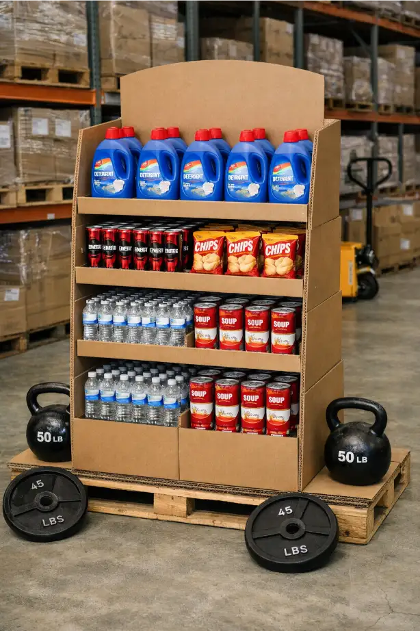 cardboard floor display sample loaded with products for strength testing