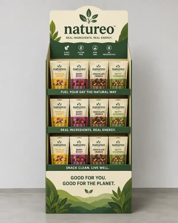 cardboard floor display with clear front-facing branded product packaging