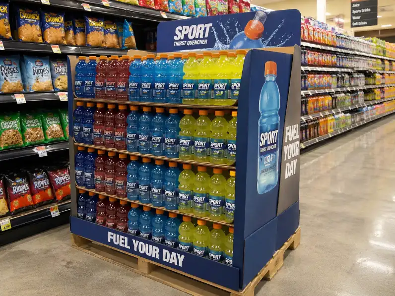 cardboard pallet display with high-volume retail products in store aisle