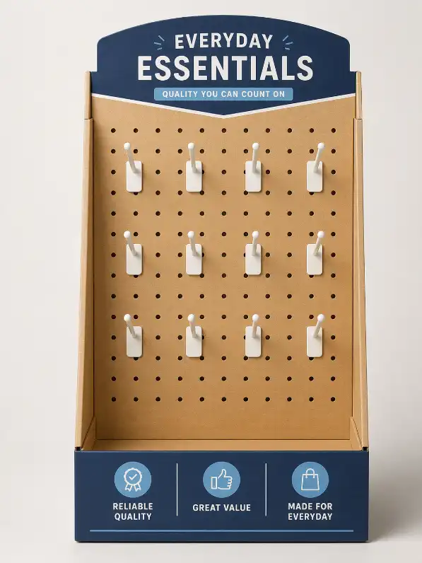 well-balanced cardboard peg display with clean hook alignment