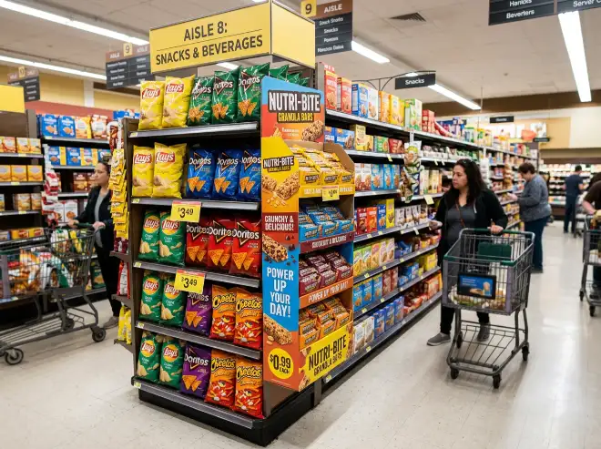 cardboard sidekick display attached to a high-traffic retail aisle endcap