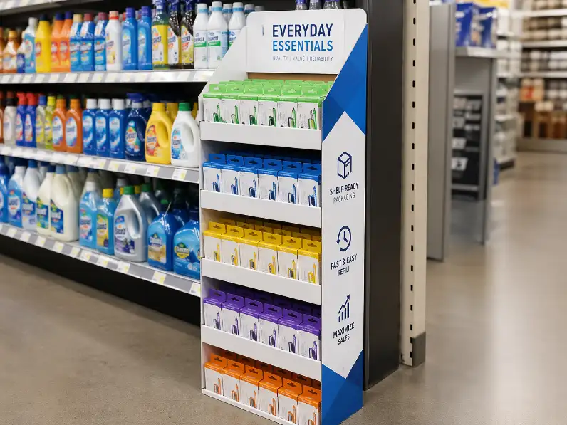 compact products arranged in a cardboard sidekick display for fast refill