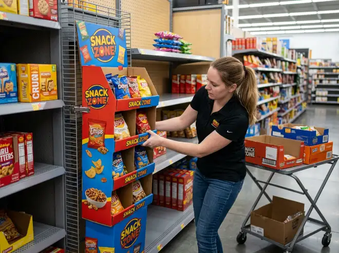 stability test on a cardboard sidekick display sample during setup and refill