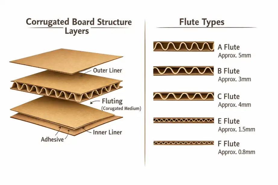 corrugated board structure layers and flute types diagram"