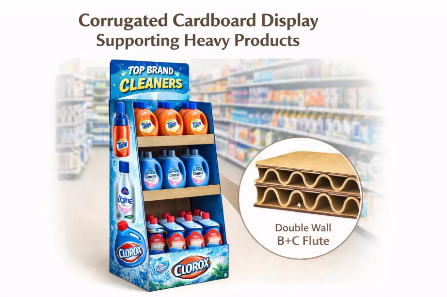corrugated cardboard display supporting heavy products in store