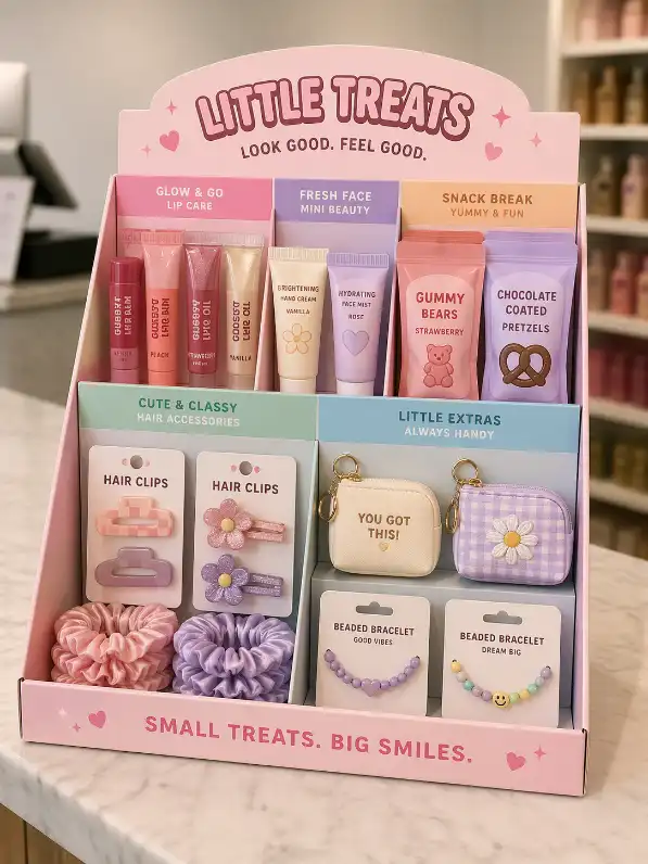 counter display with small cosmetics snacks and accessories