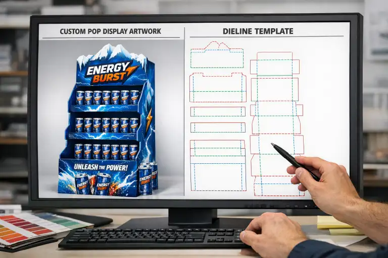 custom POP display artwork file and dieline review on screen