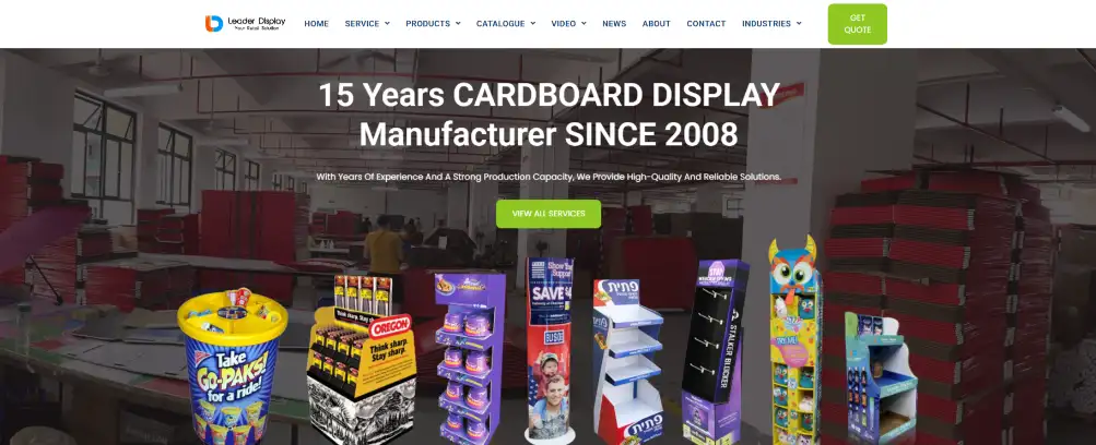 custom cardboard display supplier website showing product focus and retail display categories