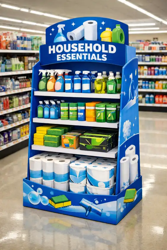 cardboard floor display for household products in retail aisle