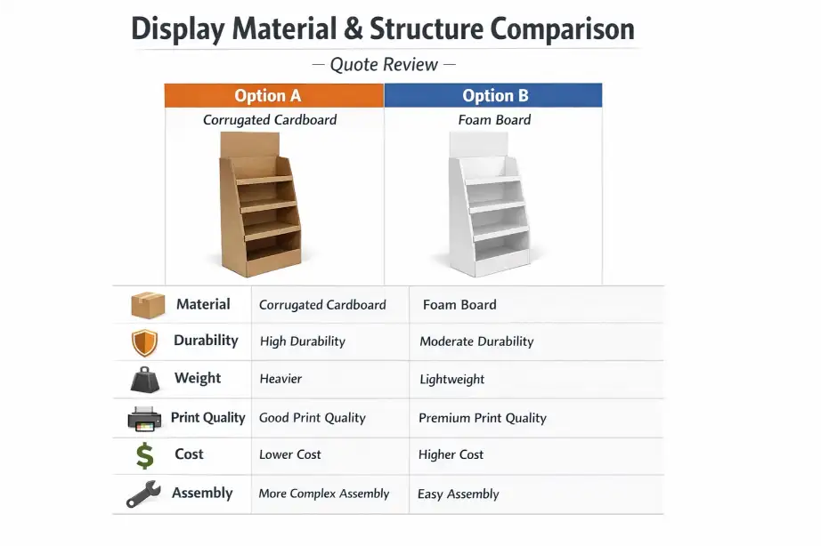 cardboard display material and structure comparison during quote review