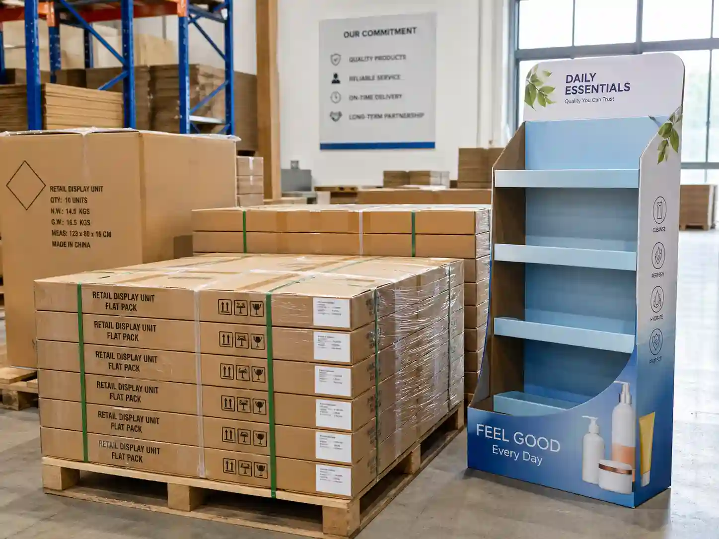 Finished cardboard display prepared for export packing review