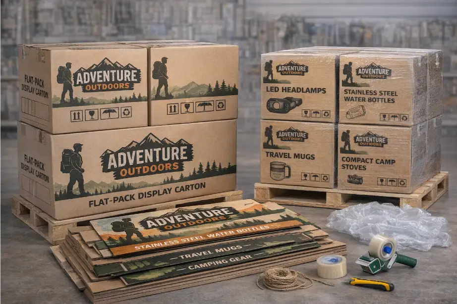 flat-pack cardboard display cartons for export shipping