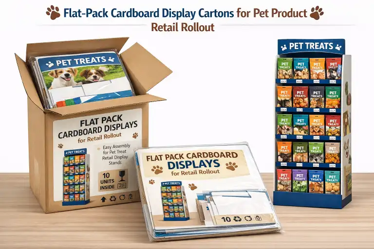 flat-pack cardboard display cartons for pet product retail rollout