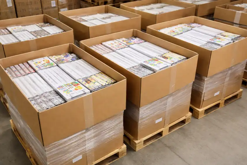 flat-pack cardboard displays stacked in export cartons for shipping