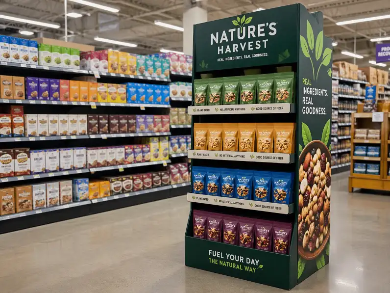 freestanding display unit giving products more retail presence than shelf space