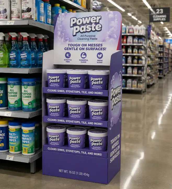 fully assembled cardboard display standing correctly in retail environment