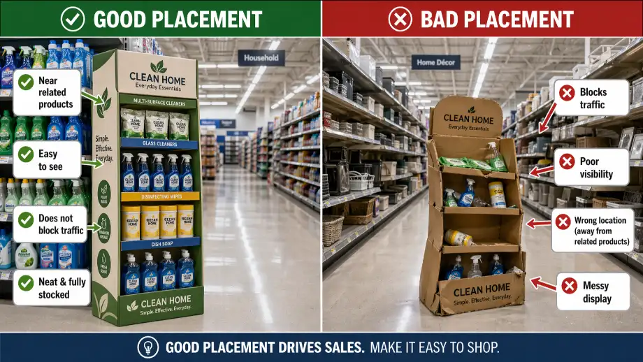 comparison of good and bad sidekick display placement in a retail aisle