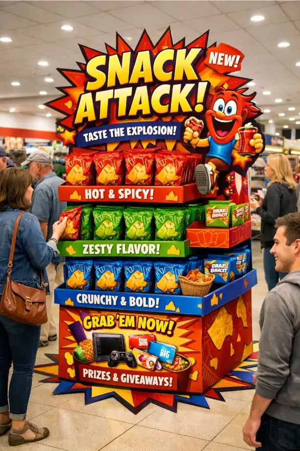 high impact cardboard display attracting shoppers in retail store