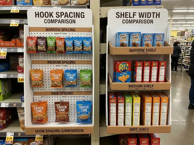 hook spacing and shelf width comparison on cardboard sidekick display