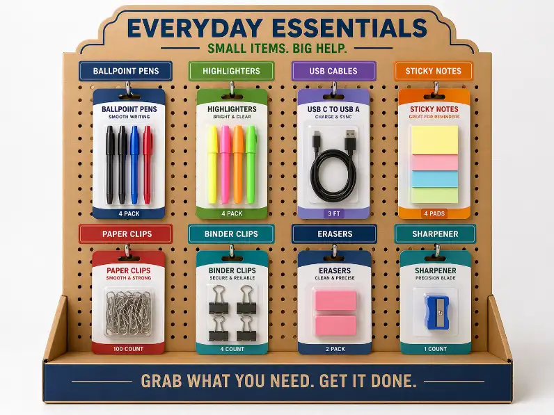 organized cardboard peg display with clearly separated products