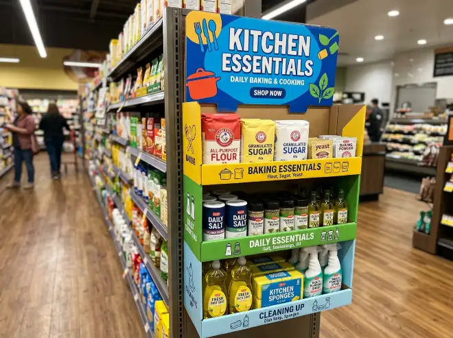 organized cardboard sidekick display with strong category graphics