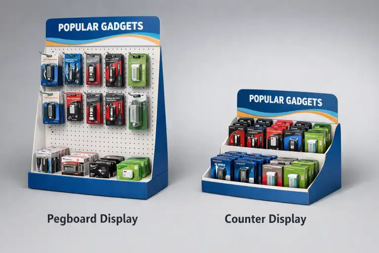 small product peg display and counter display comparison