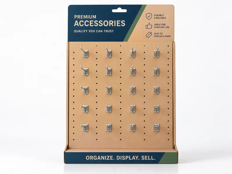 well-balanced cardboard peg display with clean hook alignment
