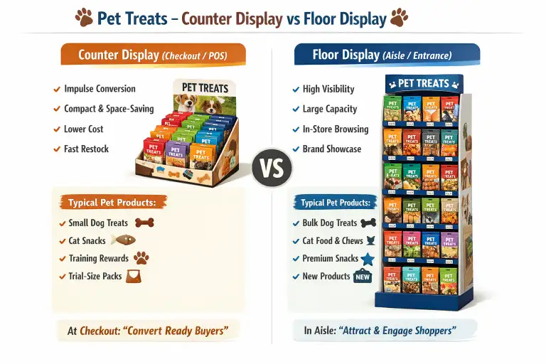 pet treats cardboard counter display and floor display comparison