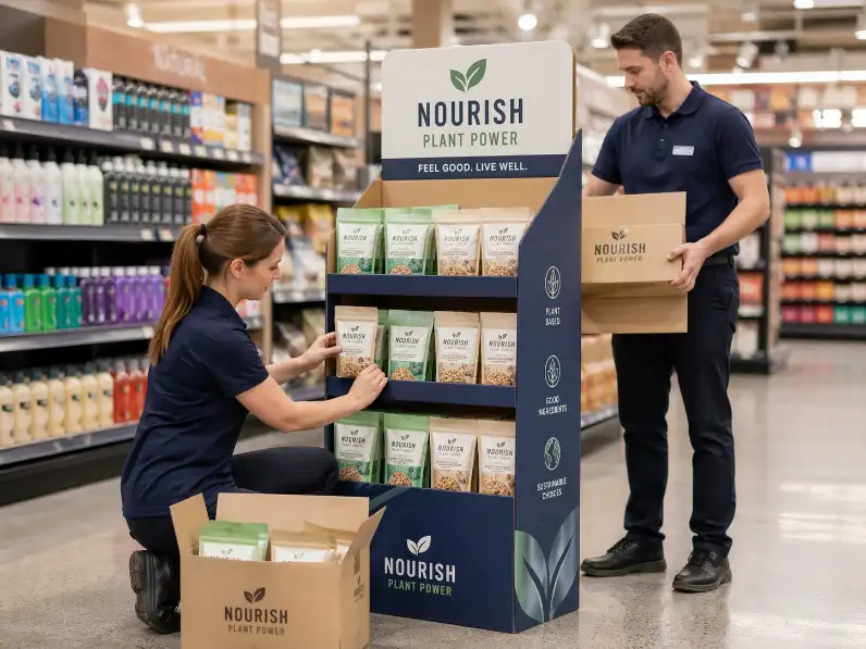 retail staff setting up and refilling a custom cardboard display in store