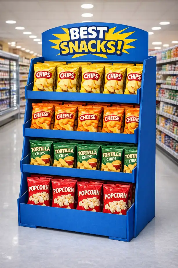 retail cardboard display with easy shelf access and clear product rows