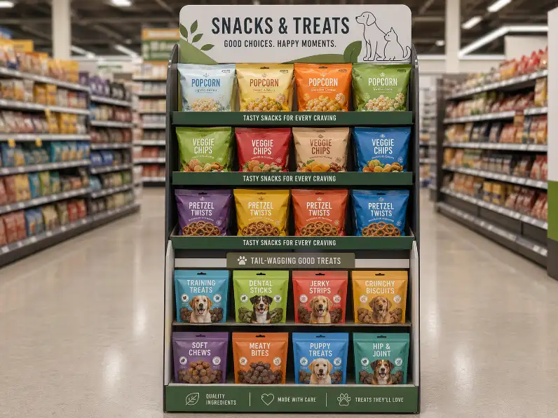 retail floor display with simple purchase decision products like snacks and pet treats