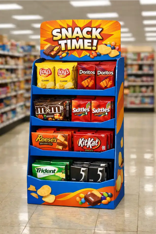 retail floor display with four to six well organized SKUs