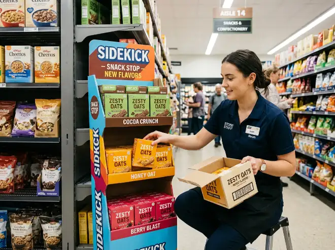 retail staff refilling a sidekick cardboard display sample with clear product grouping