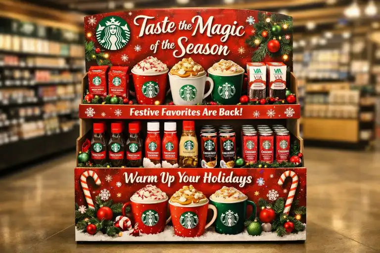 seasonal beverage cardboard display with strong branding