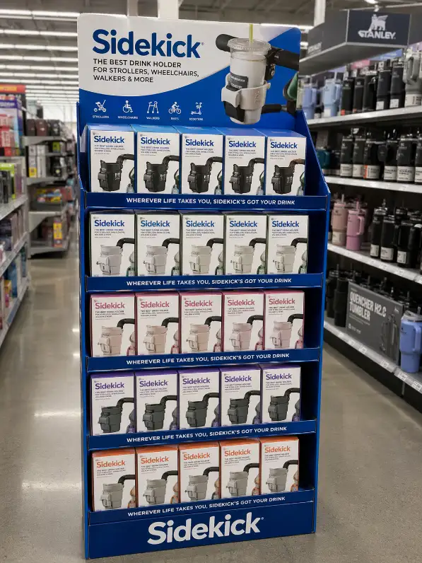 sidekick display fully stocked and organized in retail aisle