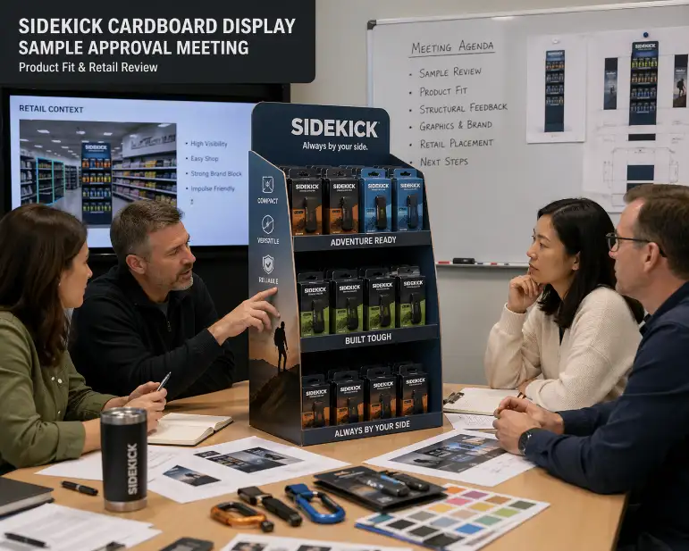 sidekick cardboard display sample approval meeting with product fit and retail review