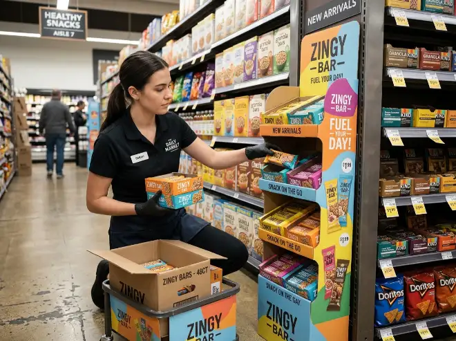 retail staff refilling a sidekick display neatly in store