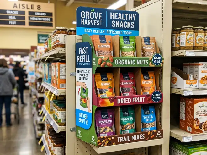 cardboard sidekick display with graphics that support easy refill and product grouping