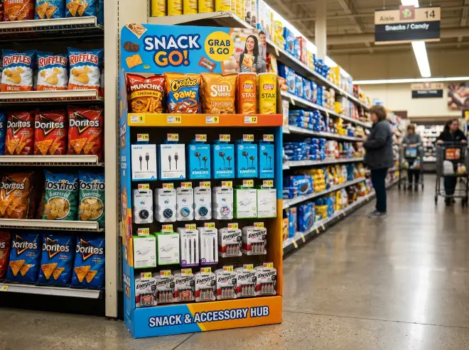 sidekick display with snacks and small accessories in retail aisle