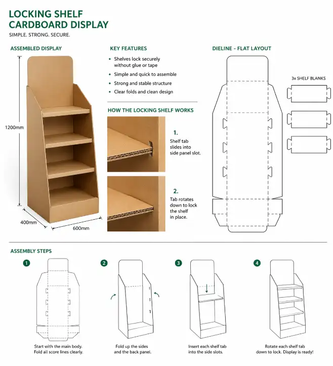 simple cardboard display structure with locking shelves and clear folds