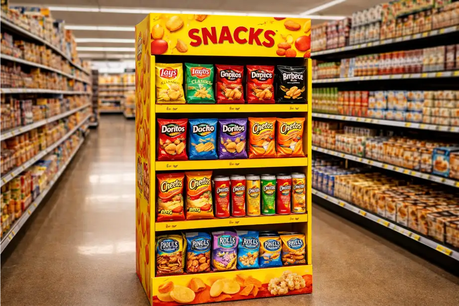 snack cardboard floor display in supermarket aisle