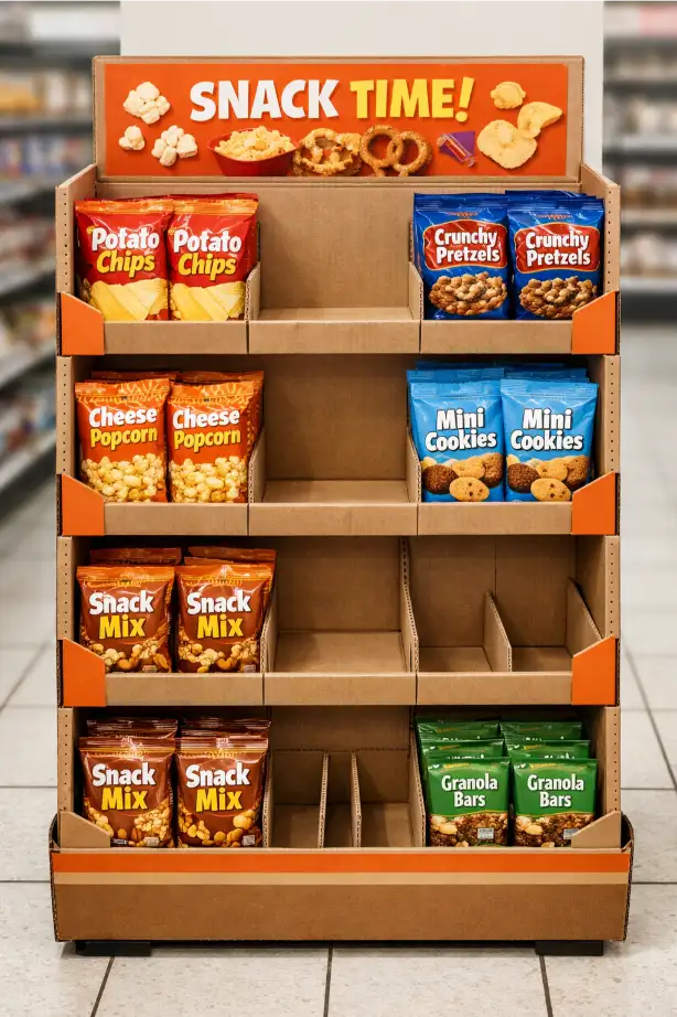 well-organized cardboard display after partial sell-through and refill