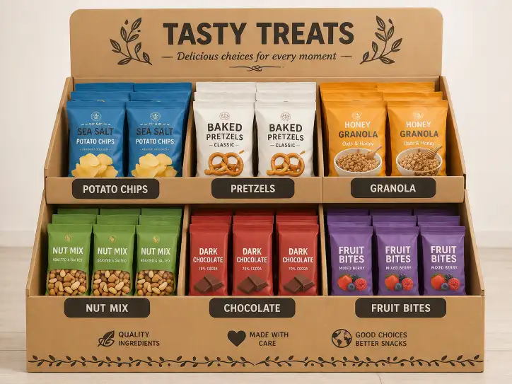 well organized cardboard display with clear product grouping