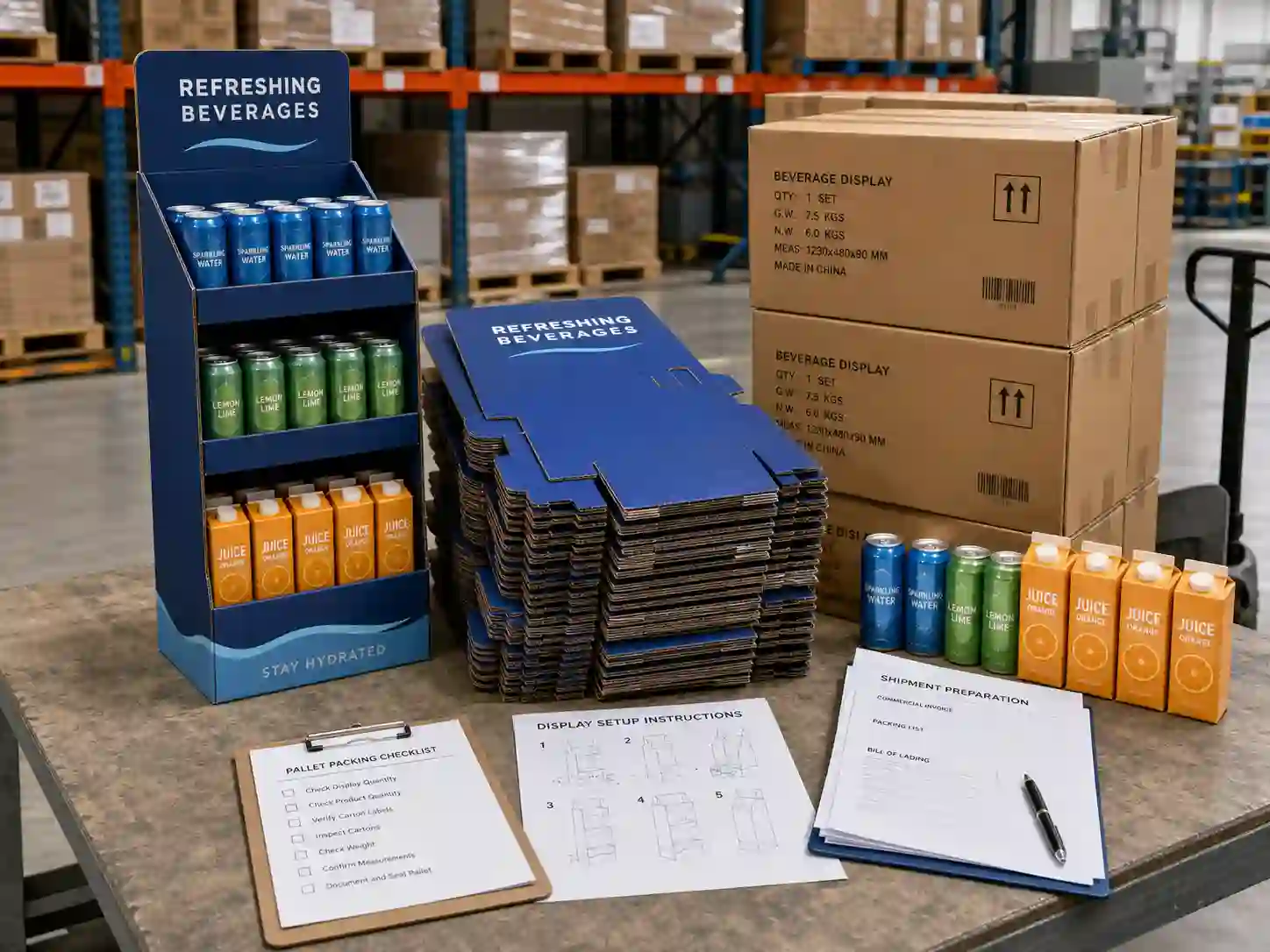 Flat packed cardboard display for beverages prepared for export packing