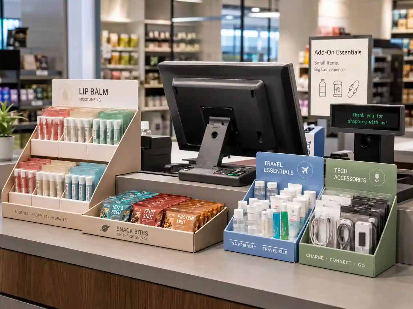 Cardboard display for checkout add-on products with counter PDQ trays in a retail checkout area