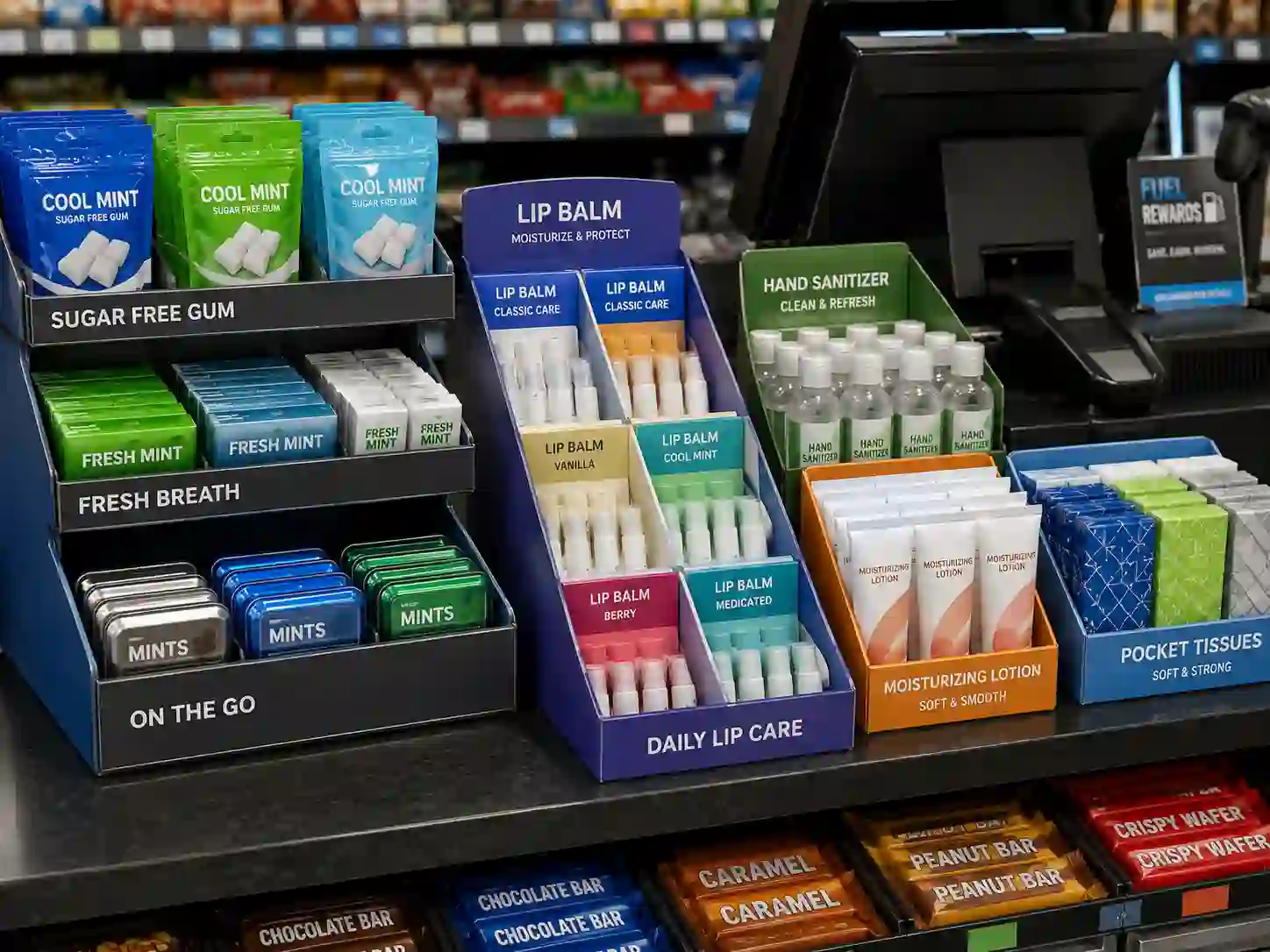 cardboard display for convenience stores with counter PDQ trays for impulse products