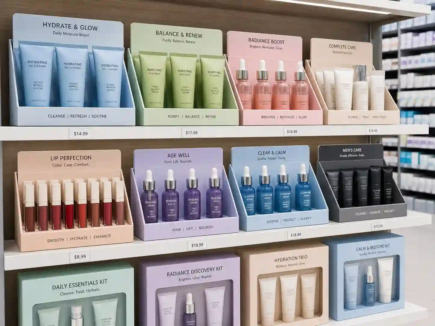 Cardboard display for cosmetics and skincare products on a clean retail shelf
