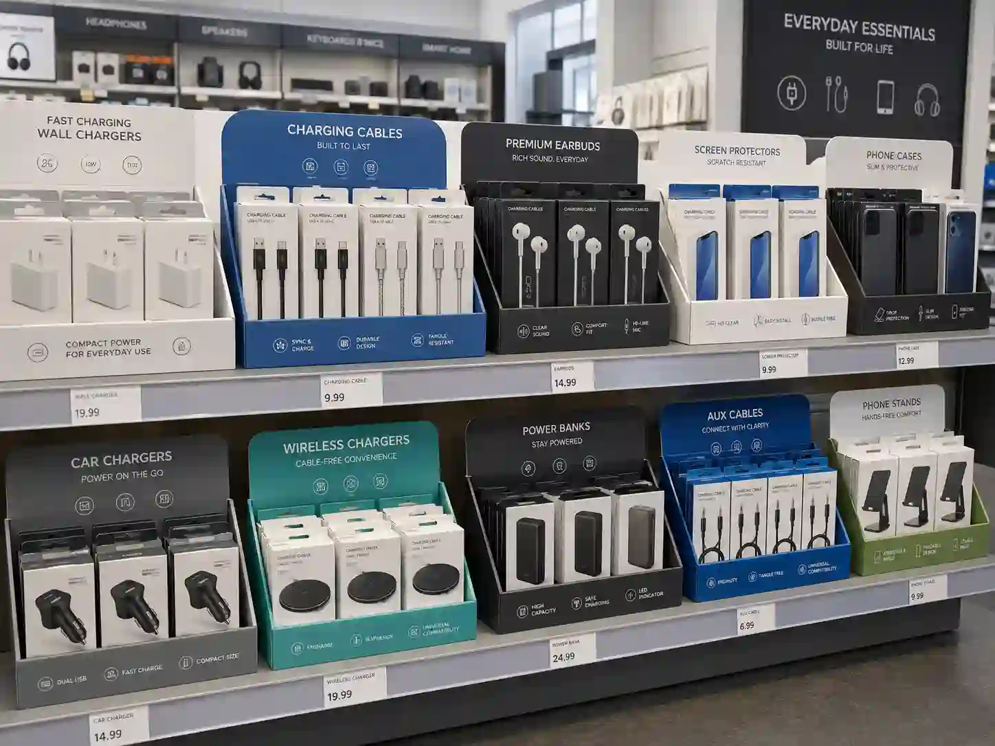 Cardboard display for electronics accessories on a clean retail shelf with generic product packaging