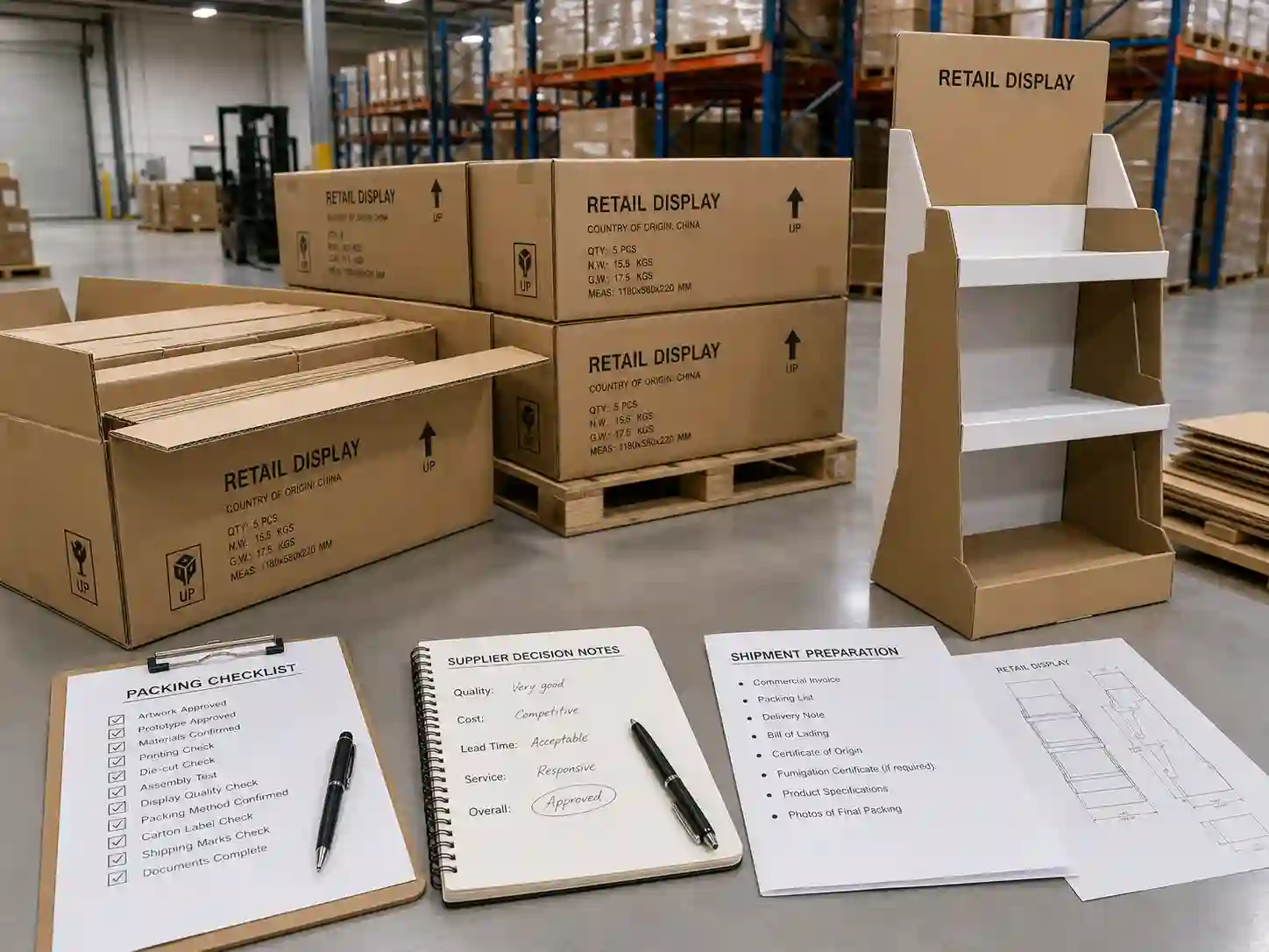 Finished cardboard display reviewed beside export packing cartons