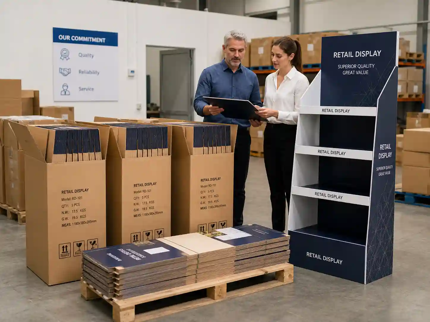 Finished cardboard display with export cartons for buyer review